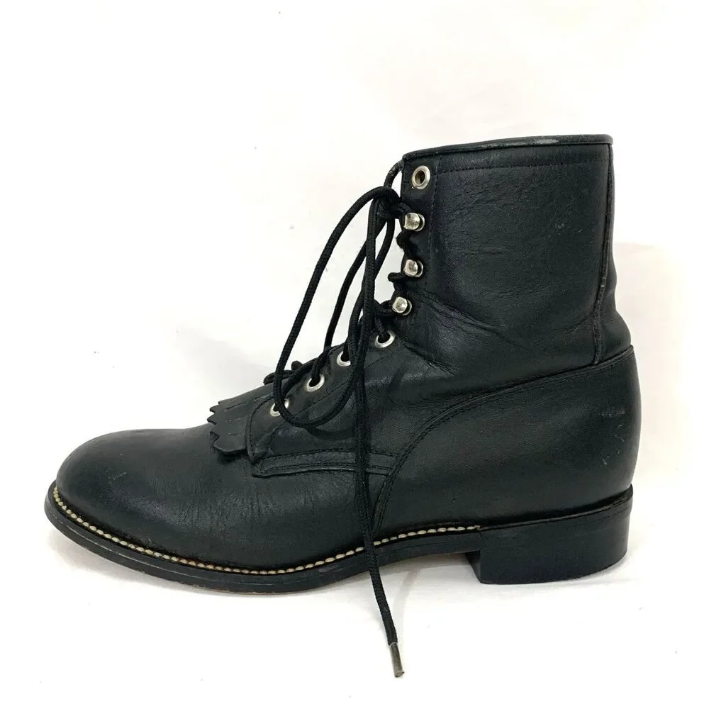 Justin 506 Black Leather Kiltie Lace Up Roper Boots Men’s 5.5D (Women’s 7.5)